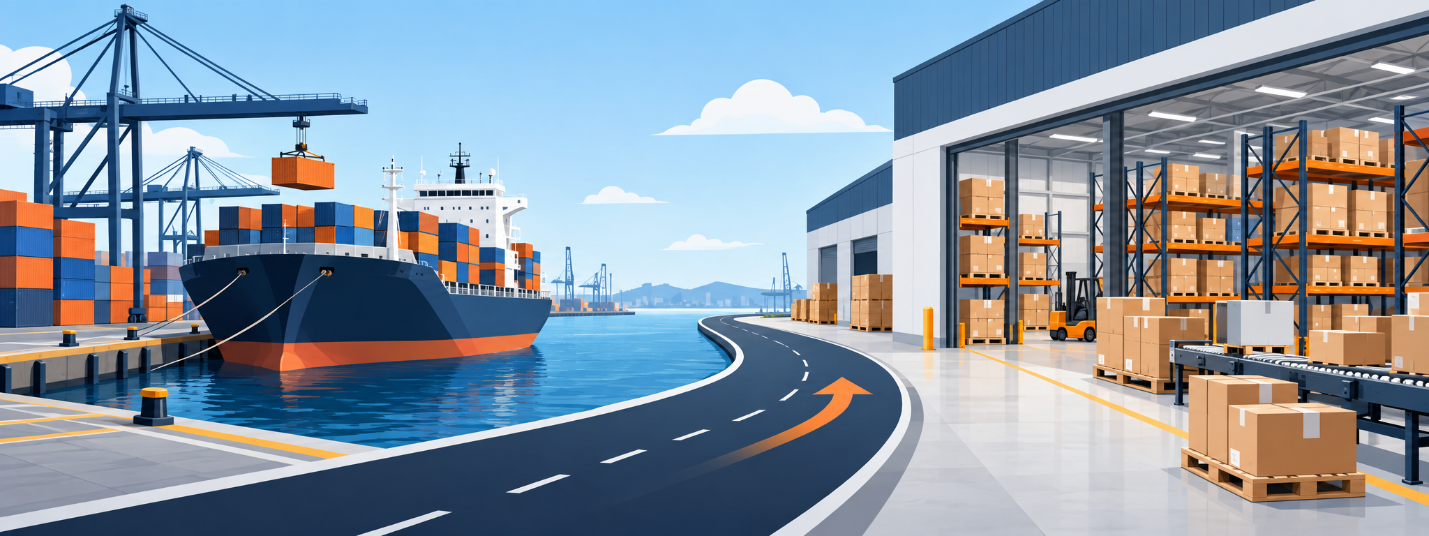 Cargo container ship connected by road to a modern ecommerce fulfilment warehouse
