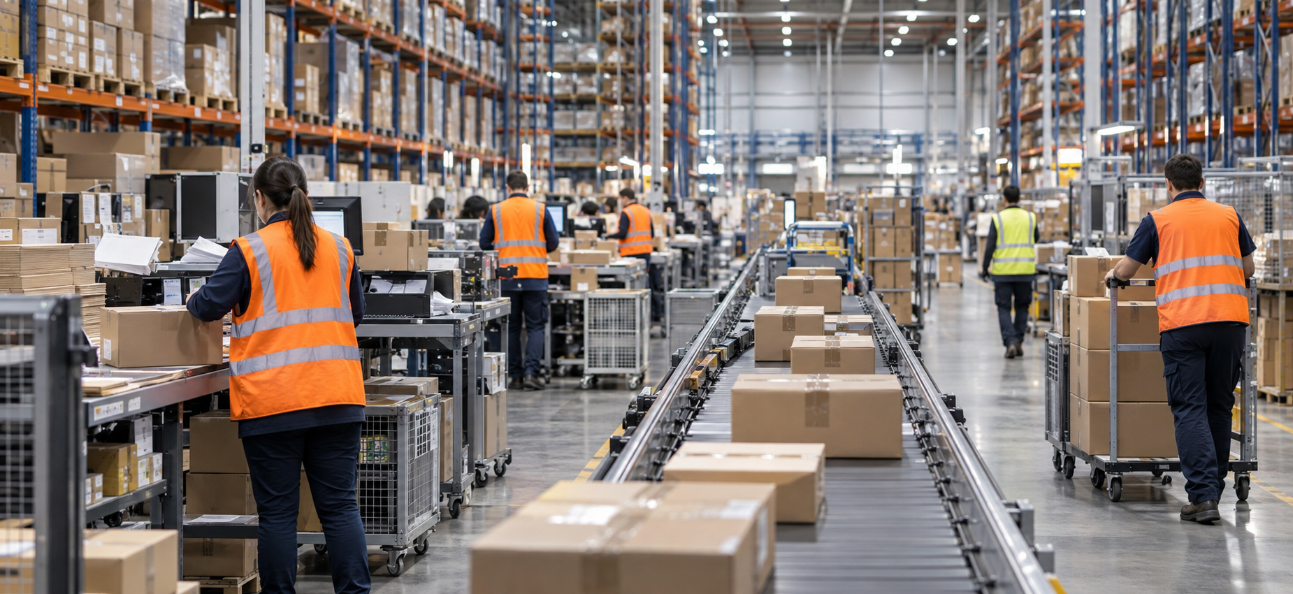 Busy ecommerce warehouse team picking and packing peak-season orders on conveyor lines