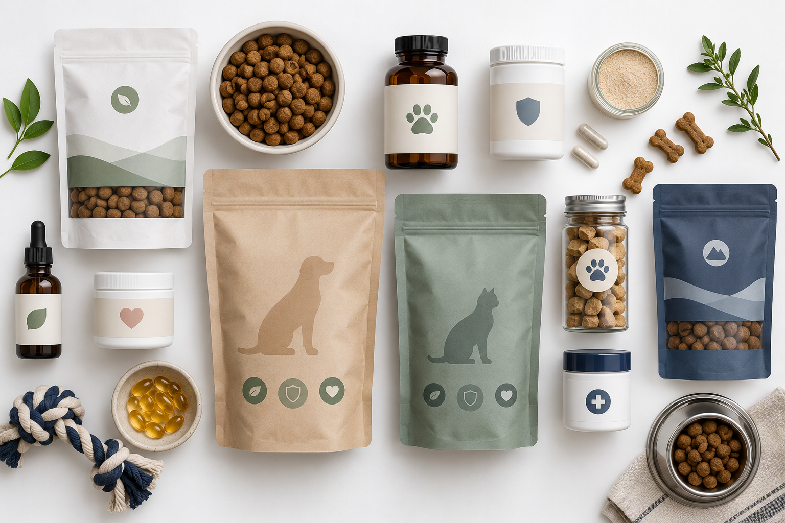 Premium pet food packaging, supplement bottles and health product containers arranged neatly on a white surface