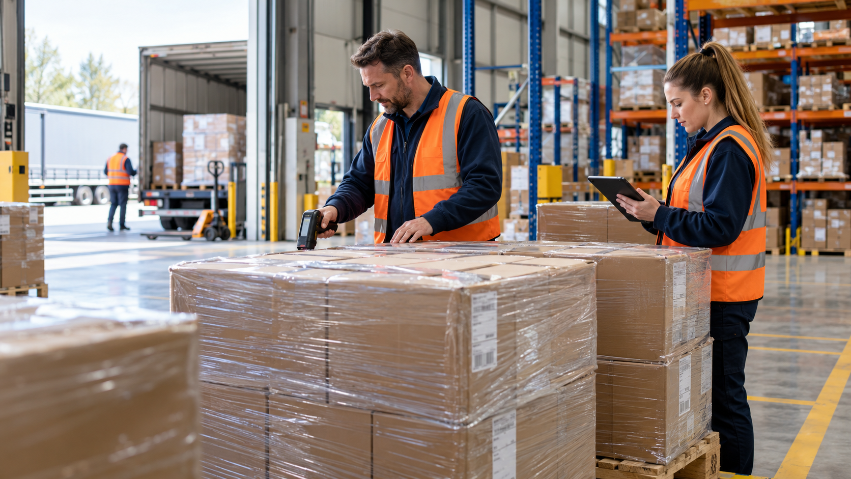 Image showing an organised stock handover at a 3PL warehouse, with bright spring daylight and inventory checks.