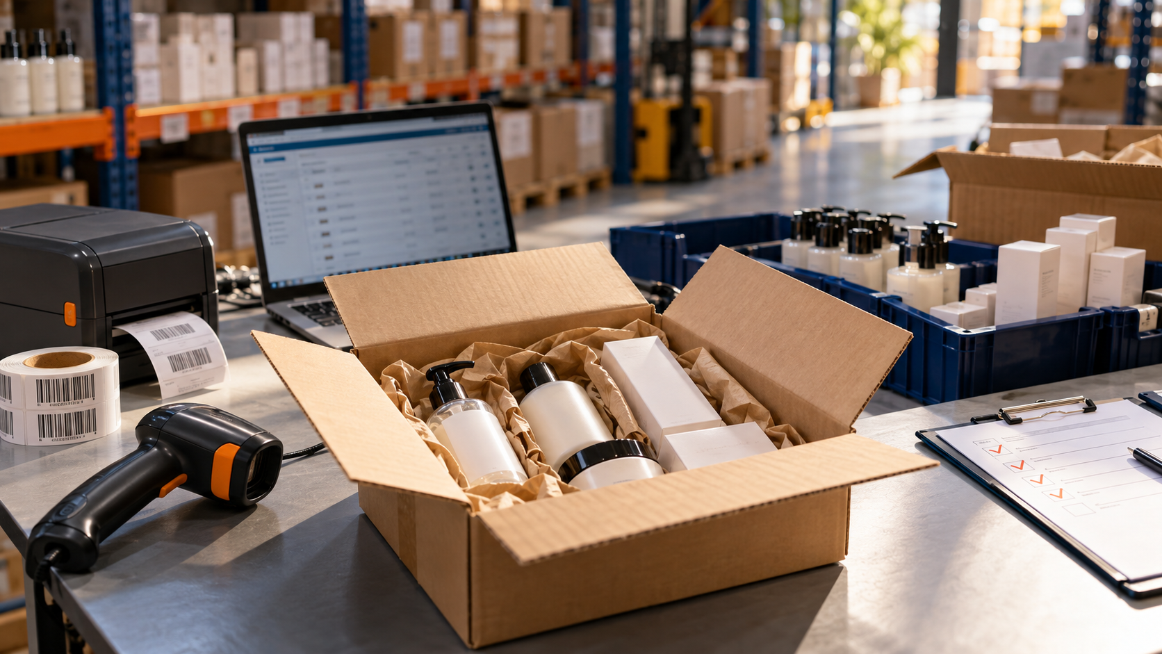 Warehouse onboarding scene showing stock preparation, barcode labelling and a first test order.