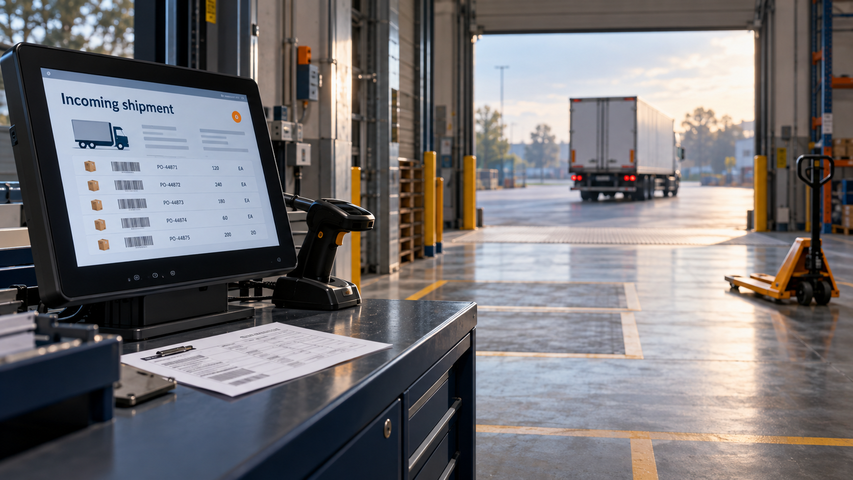 Scene showing shipment information reaching the warehouse before the lorry arrives.