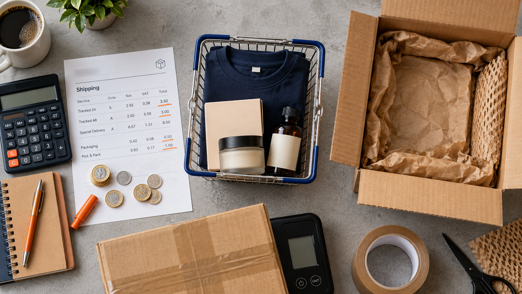 Scene linking basket value with packing and delivery costs.