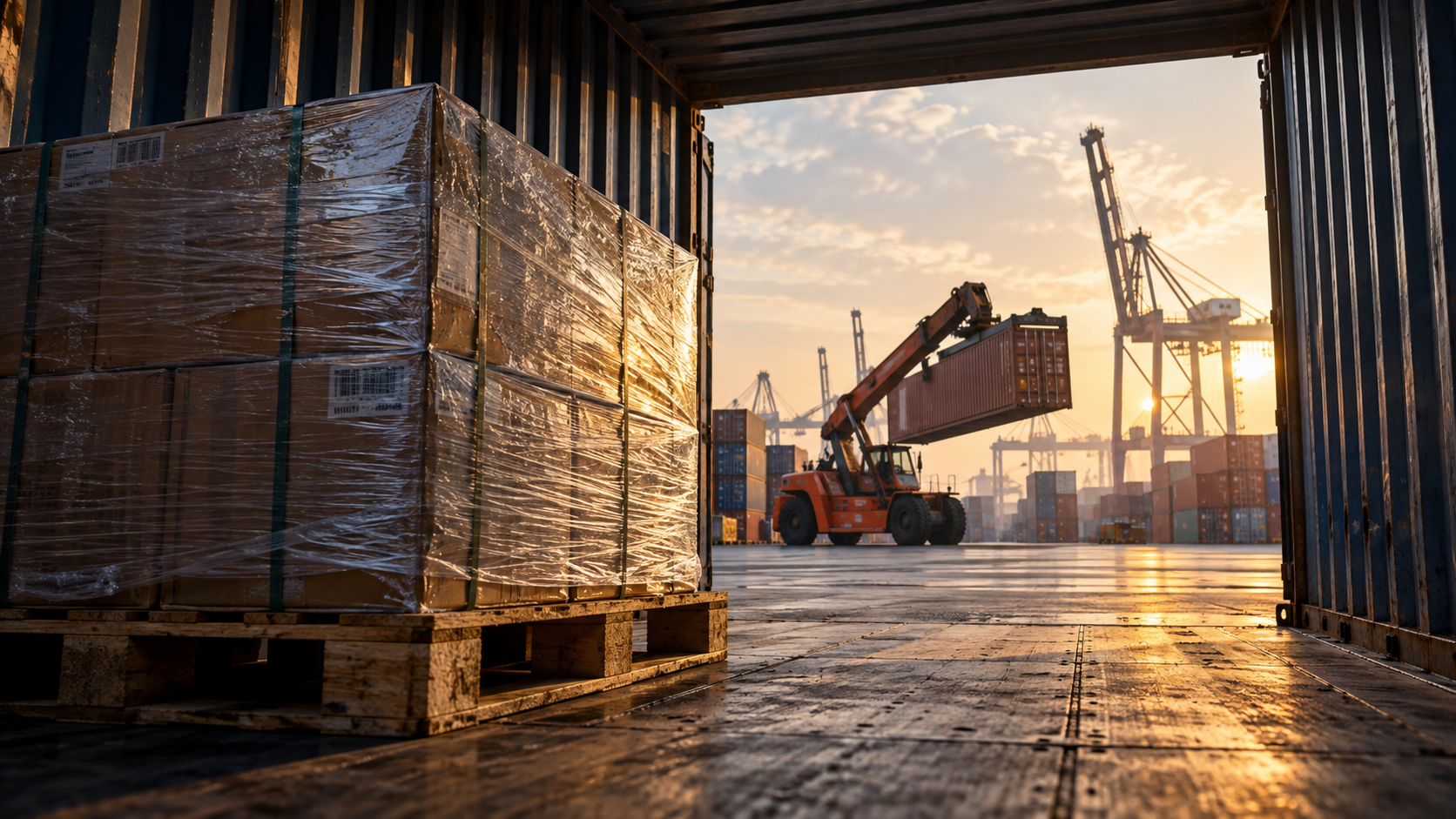 View from inside a shipping container, with imported stock and a working port at sunrise.