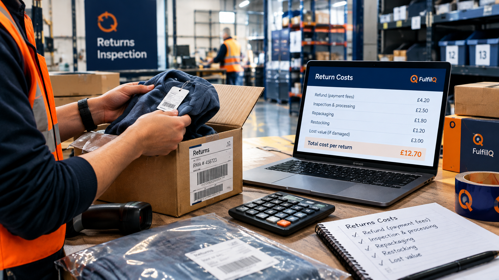 A returned parcel being opened on a warehouse bench
