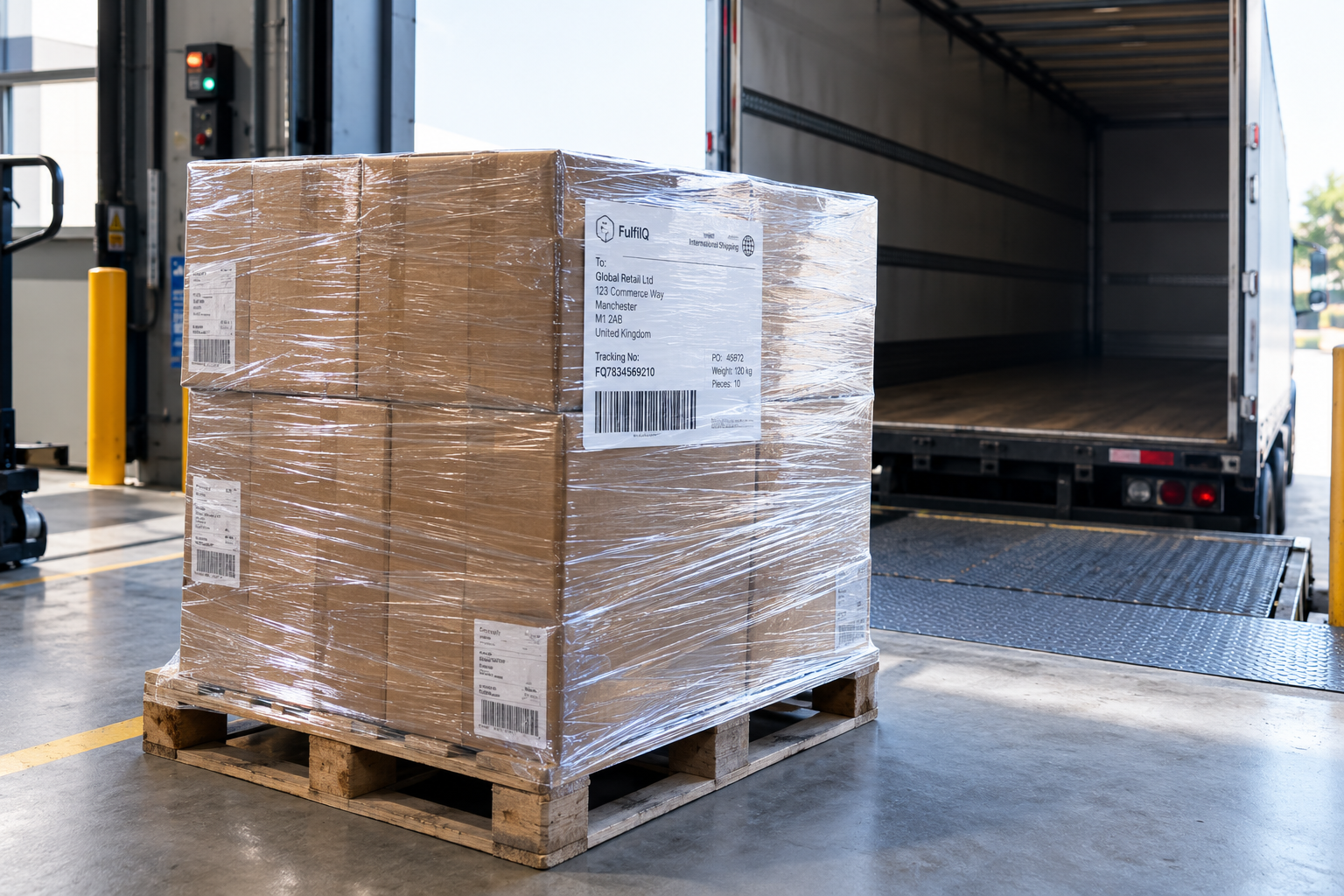 A wrapped pallet with a shipping label at a loading bay