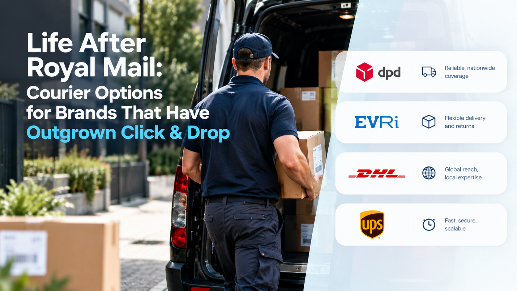 Courier taking parcels out of van and split screen showing alternative courier options