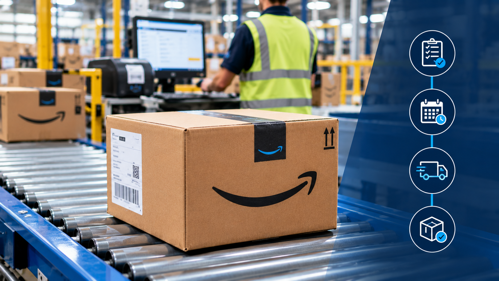 Sealed Seller Fulfilled Prime parcel on a conveyor at a warehouse