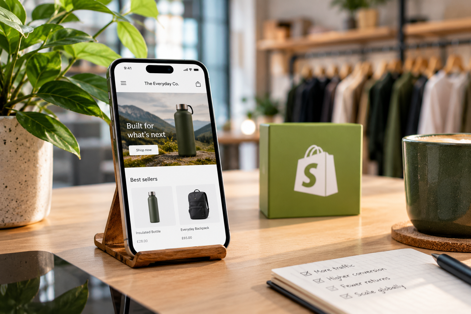 E commerce Workspace with Shopify powered website on a mobile screen