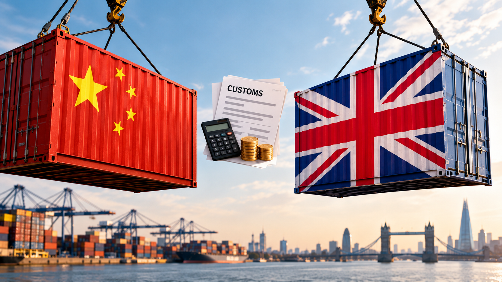 Two Shipping containers, one with a Chinese flag, one with a United Kingdom flag
