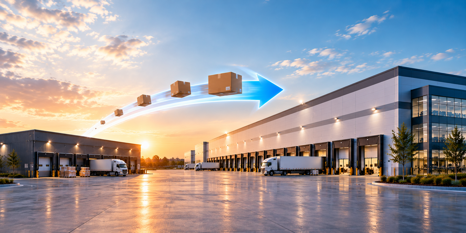 Image showing boxes in a one directional arrow as a representation of moving stock between two warehouses