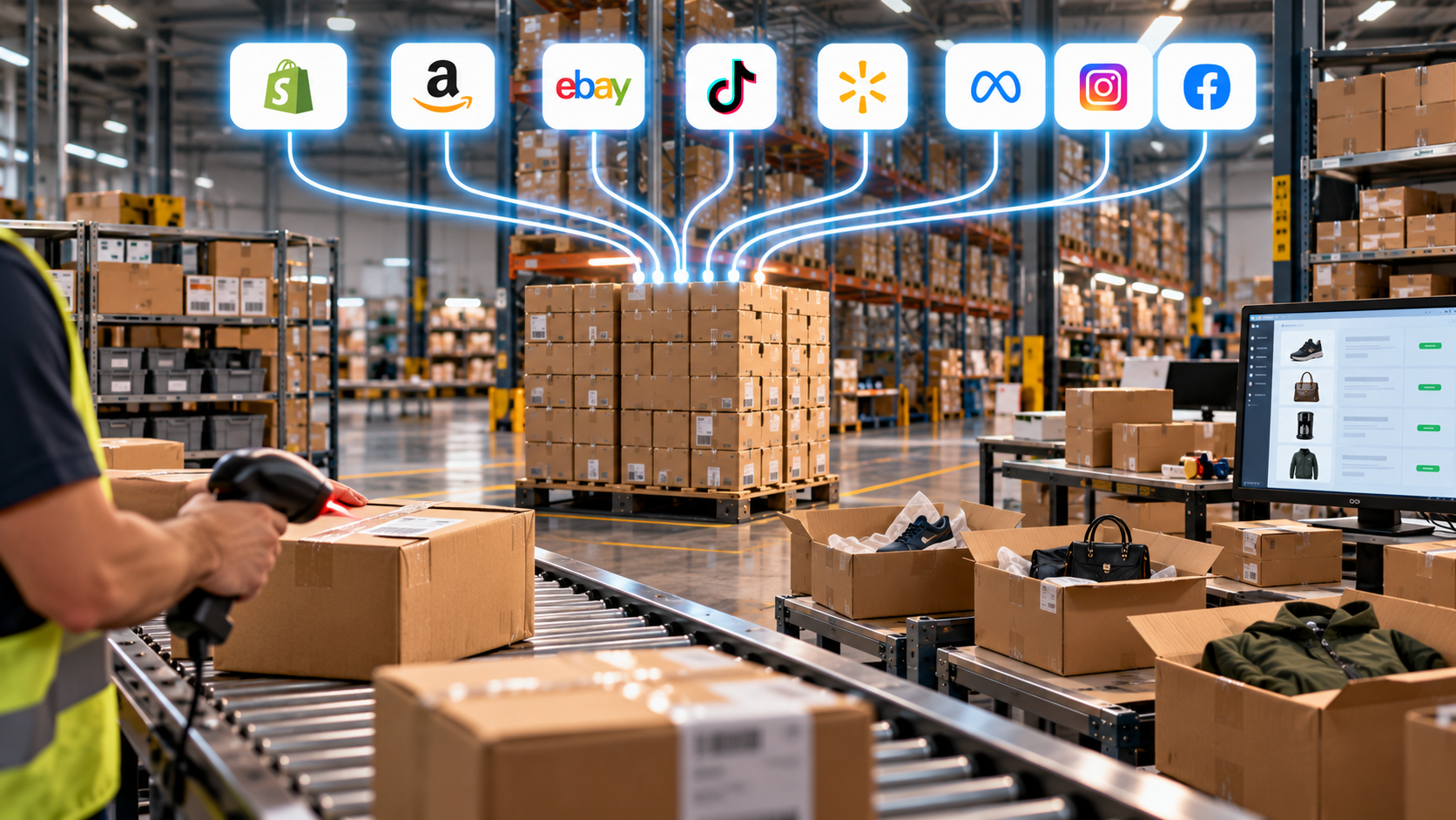 Parcels of different sizes in a warehouse with multiple logos showing a representation of multichannel fulfilment