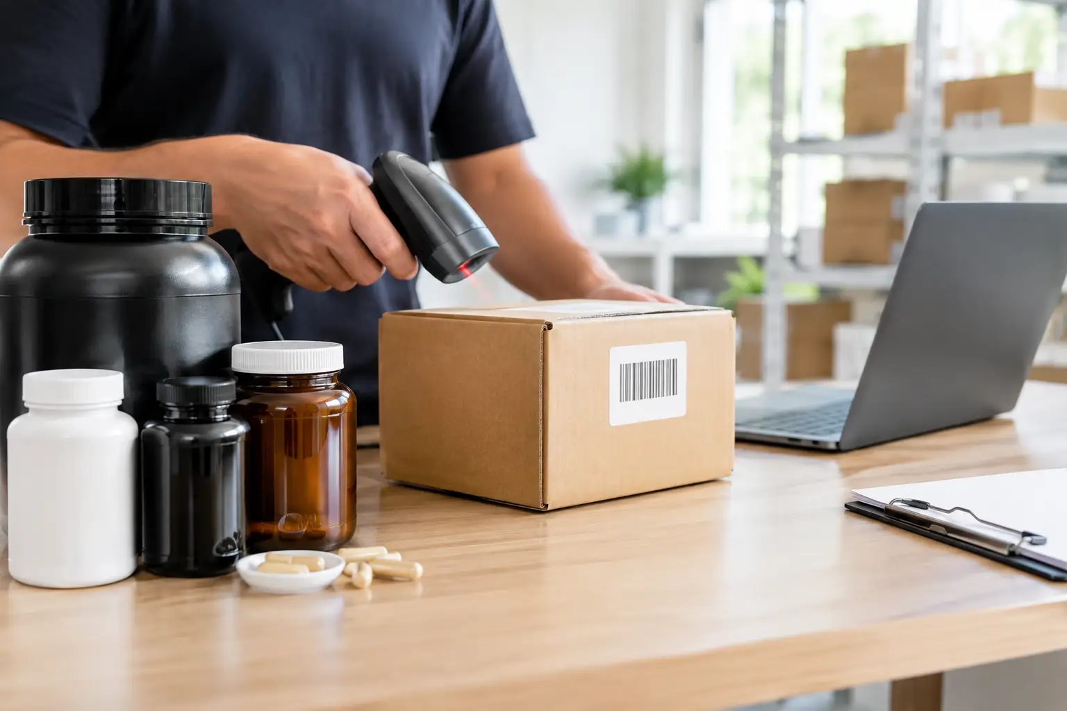 Supplement fulfilment batch tracking, a box being scanned for batch tracking code