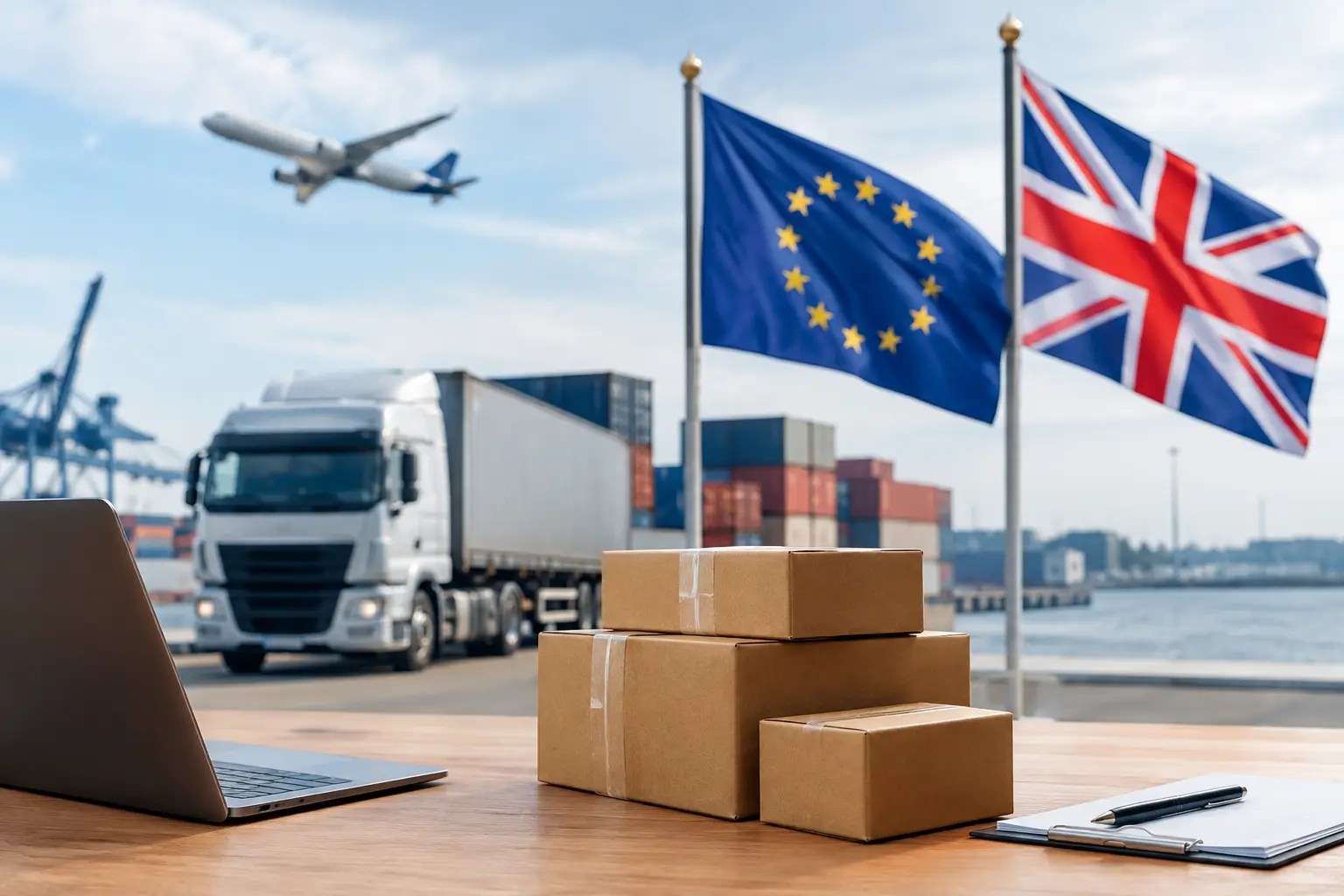 UK and EU flags set in logistics themed background with parcels on a desk
