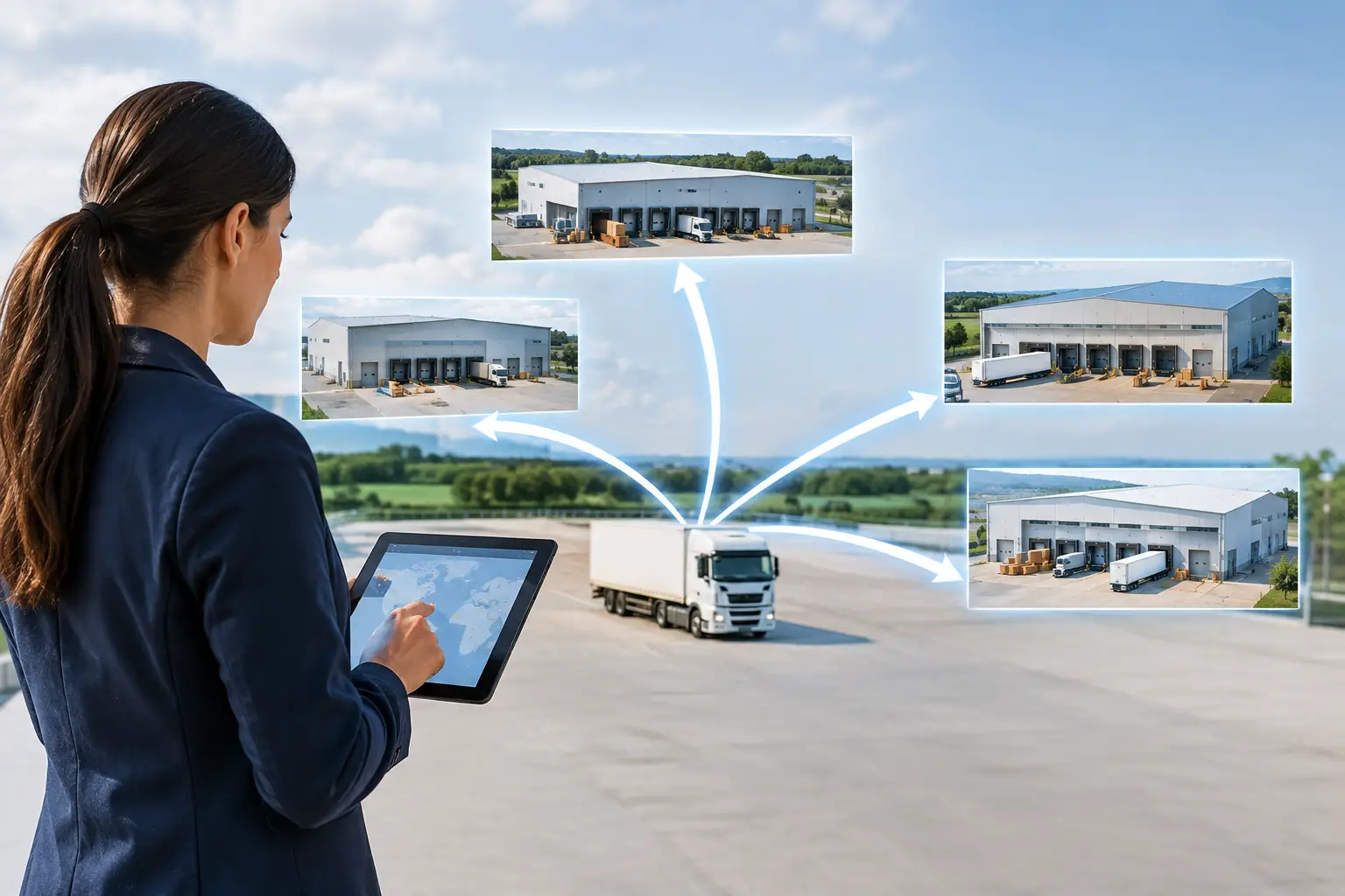 Representation of multi warehouse inventory distribution, a person holding laptop with pop out images of 3 different warehouses and arrows pointing to each
