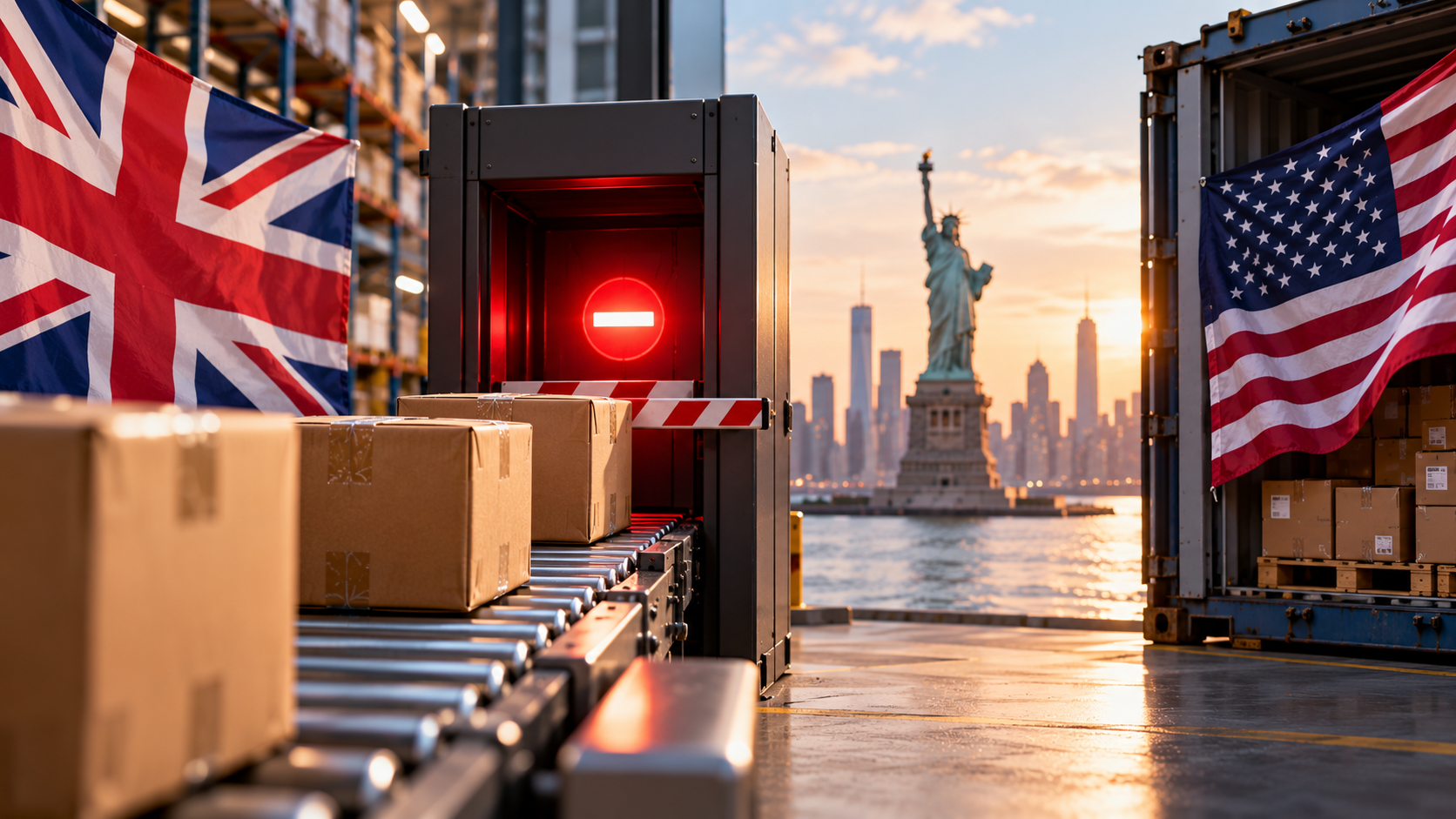 Parcels on a conveyor in a UK warehouse stuck at customs bound  for the United States