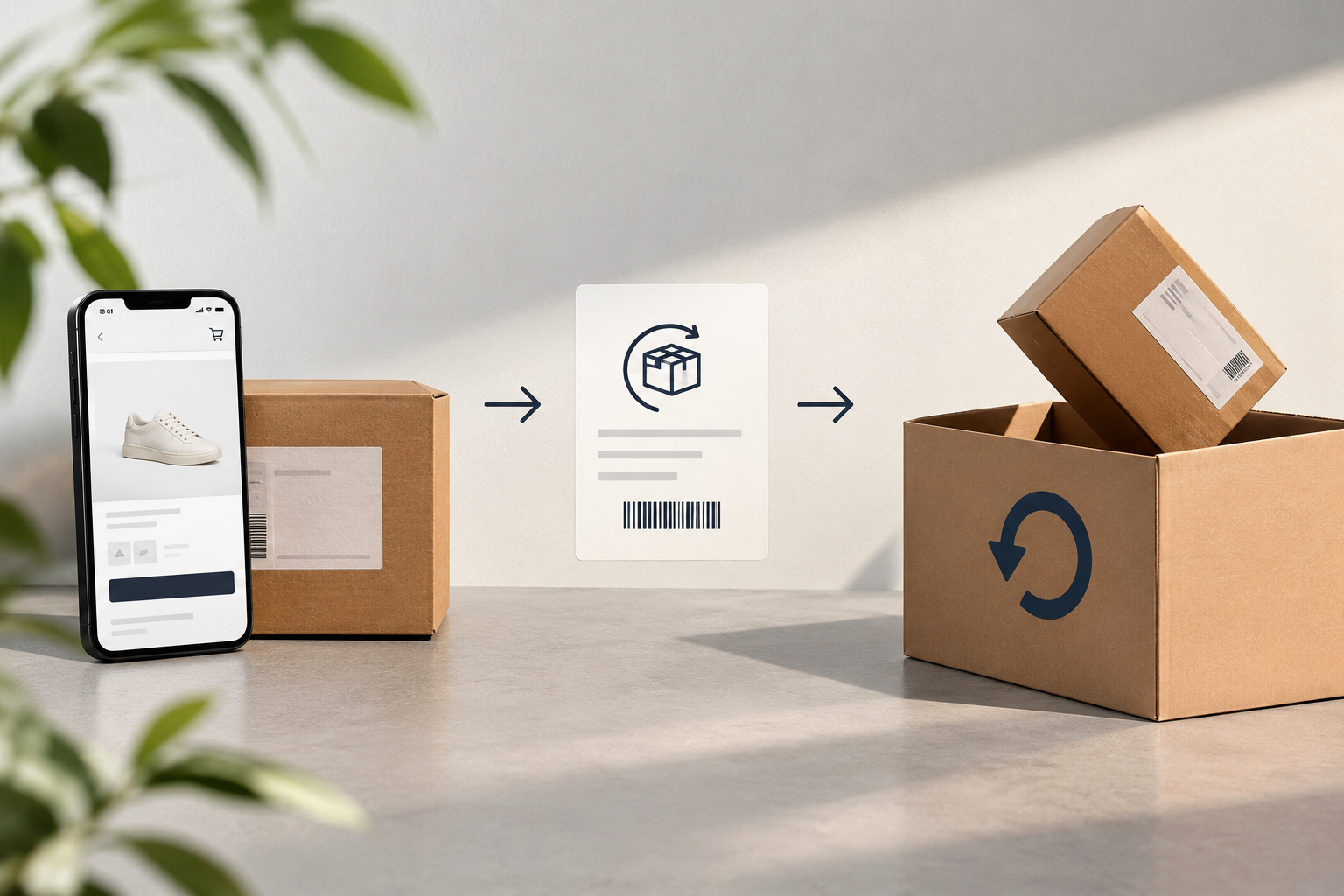 Minimalist E commerce Returns Flow showing a mobile phone, returns label and a box