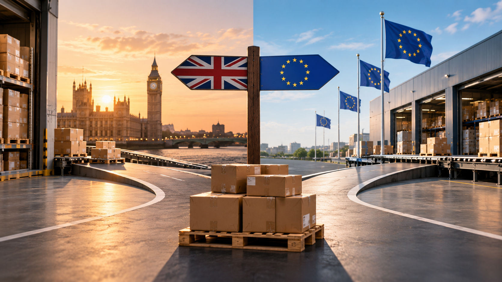 Pallets of boxed stock under a road sign, 1 direction pointing towards the UK, the direction pointing towards Europe