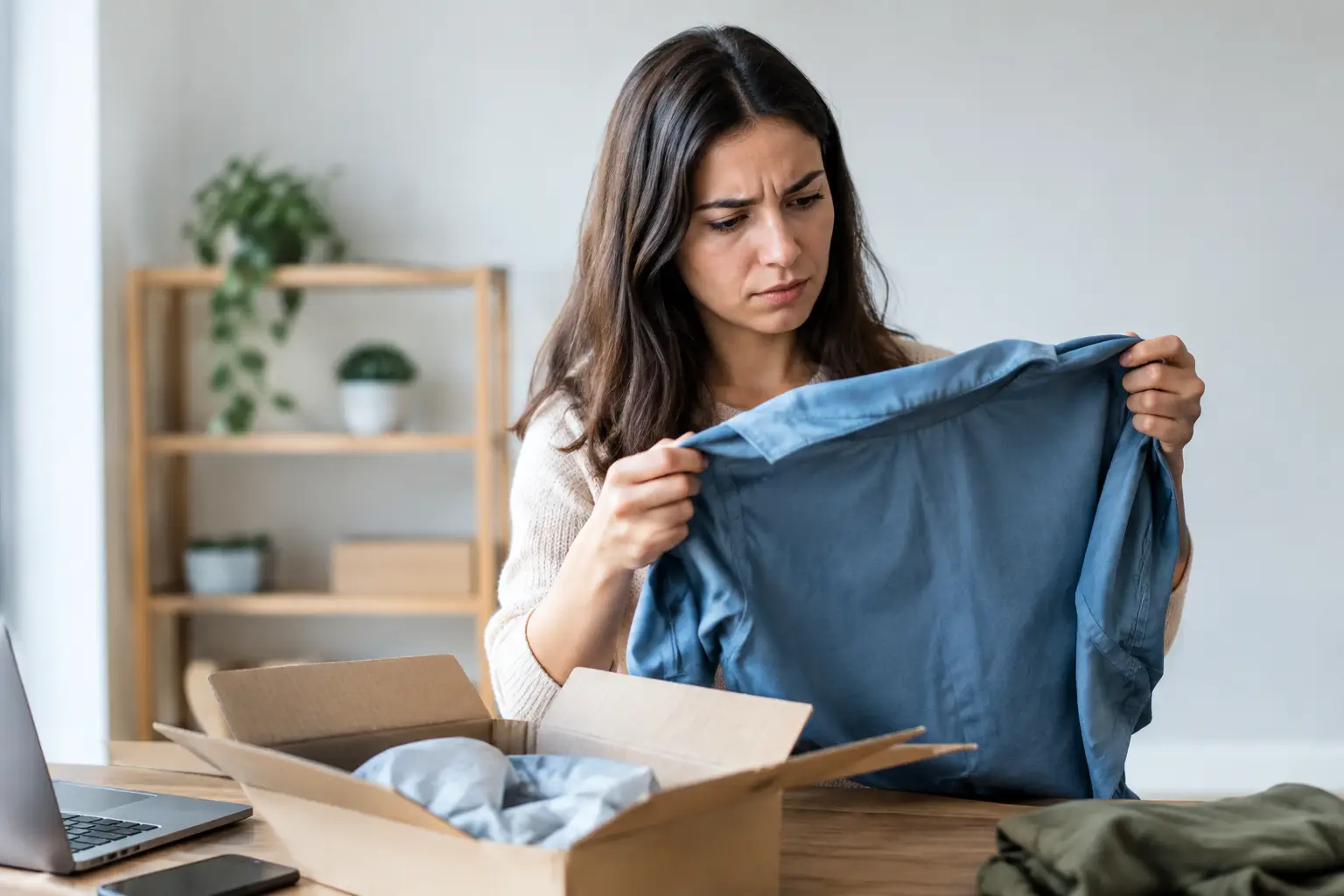 Ecommerce logistics cost of poor fit, a lady holding a garment with a confused look after receiving the wrong product